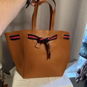 Moda Luxe Extra Large Brown Vegan Leather Tote Bag Purse Handbag Blue Red Accent